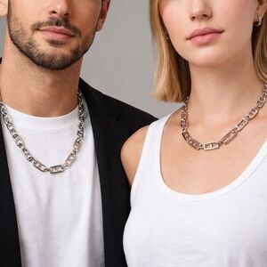 Silver Tone Chain Link Necklace with Rectangular Accent Links